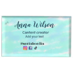 Social media content creator blue green add name t place card holder