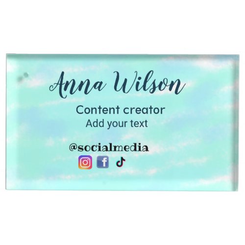 Social media content creator blue green add name t place card holder