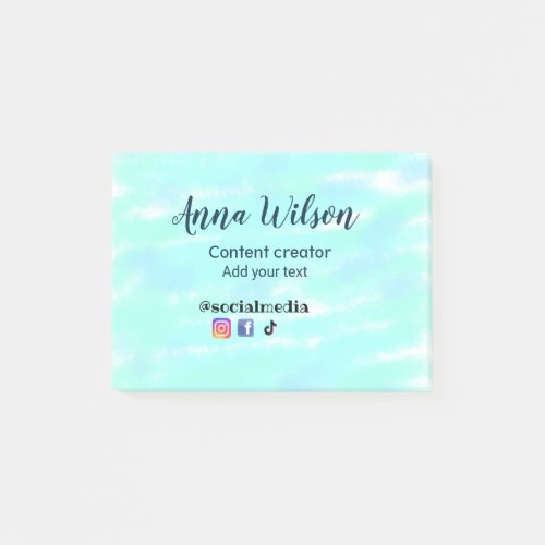 Social media content creator blue green add name t post_it notes