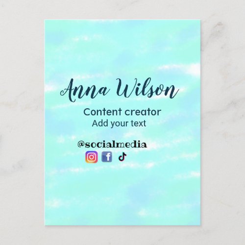 Social media content creator blue green add name t postcard