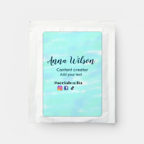 Social media content creator blue green add name t tea bag drink mix