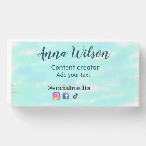 Social media content creator blue green add name t wooden box sign