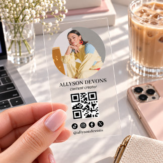 Social Media Content Creator Photo QR Code Modern Clear Business Cards