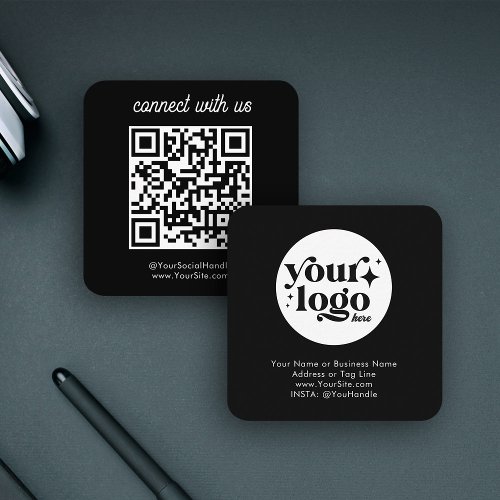 Social Media Custom Logo QR Code Black Simple Square Business Card