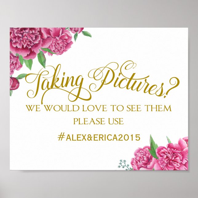 social media hashtag wedding sign peony rose sign (Front)