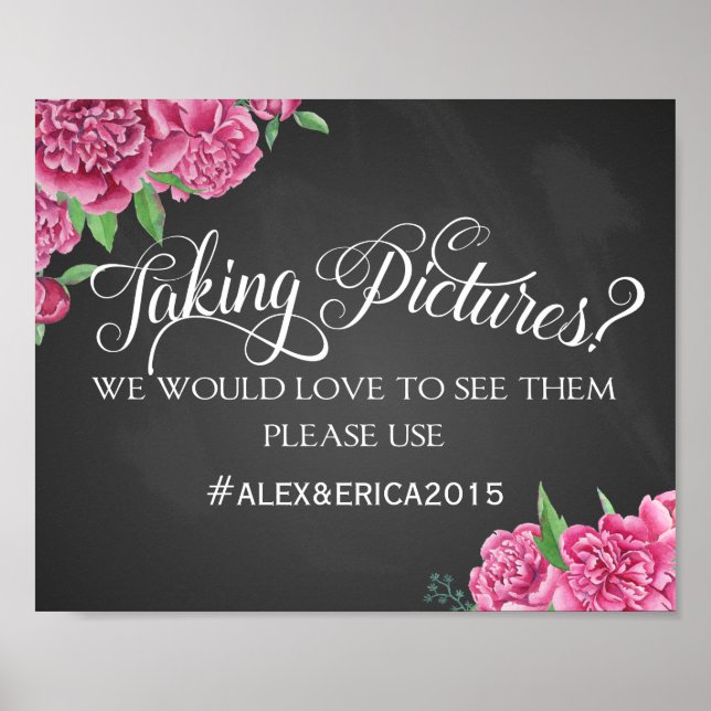 Social media hashtag wedding sign peony rose sign (Front)