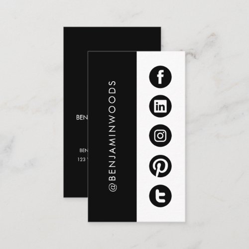 Social media icons black white modern minimalist business card