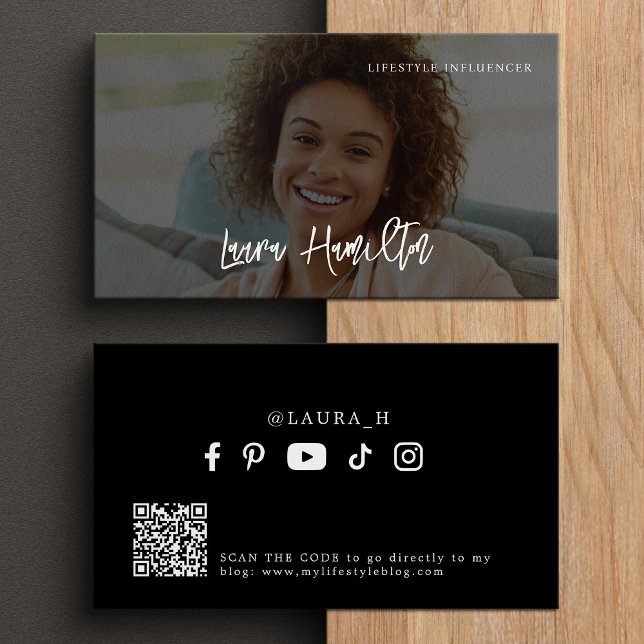 Social media influencer photo qr code modern black business card (Creator Uploaded)