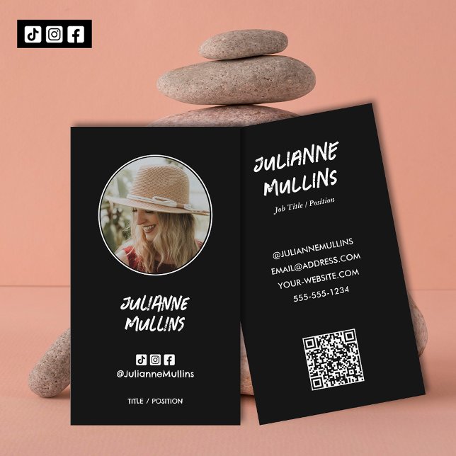 Social Media Influencer QR Code Business Card (
Social media influencer, content creator photo business cards with QR Code and 3 media icons)