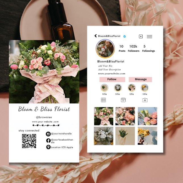 Social Media Instagram Cute Pink Florist  Business Card (Creator Uploaded)