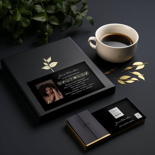 Social Media Logo Photo QR Code Makeup Black Gold Business Card