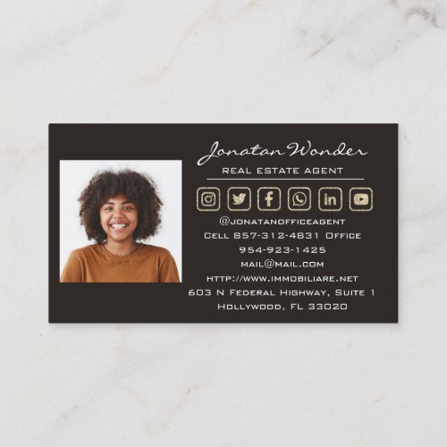  Social Media Logo Real Estate Agent Photo Black Business Card