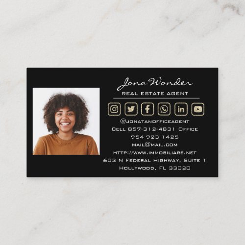 Social Media Logo Real Estate Agent Photo Black Business Card