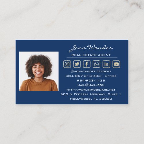 Social Media Logo Real Estate Agent Photo Blue Business Card