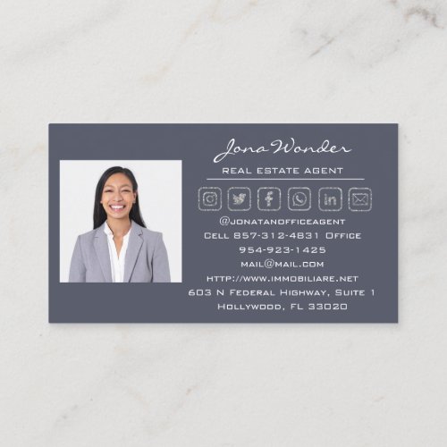 Social Media Logo Real Estate Agent Photo BlueGray Business Card