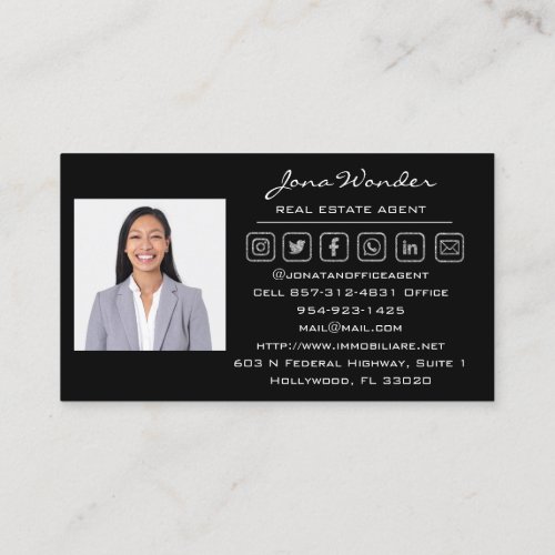 Social Media Logo Real Estate Agent Photo Gray QR Business Card