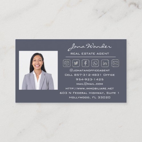 Social Media Logo Real Estate Agent Photo Silver Business Card