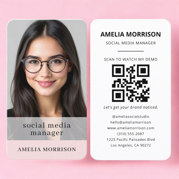 Social Media Manager Blush Pink QR Code Photo Business Card