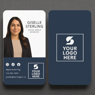 Social Media Manager Navy Blue Photo Logo Business Card