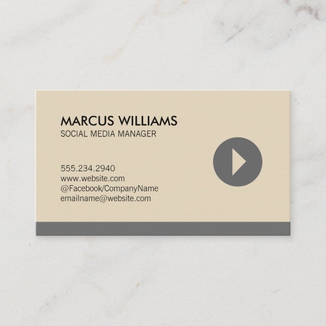 Social Media Manager Play Icon (gray) Business Card (Front)