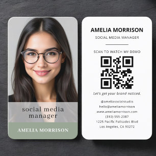 Social Media Manager Sage Green QR Code Photo Business Card