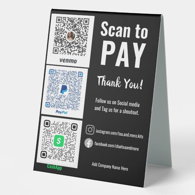 Social Media Pay Here QR Venmo PayPal  Table Tent (Front)