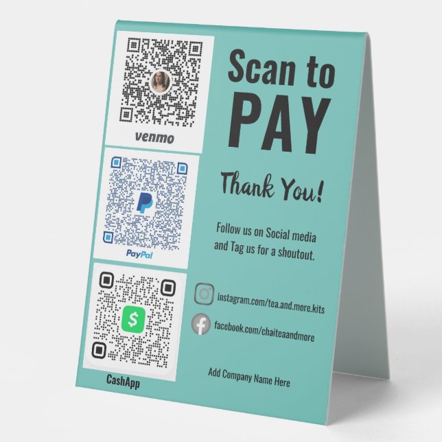 Social Media Pay Here QR Venmo PayPal Table Tent (Front)