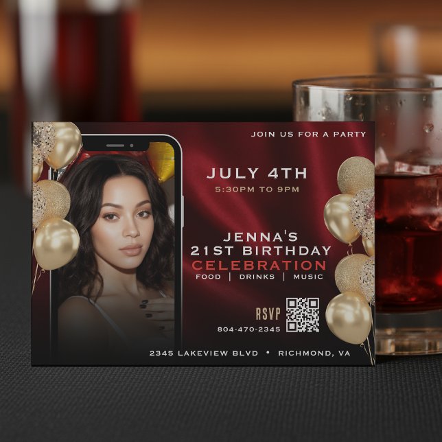 Social Media Photo Flyer Red & Gold 21st Birthday Invitation (Creator Uploaded)
