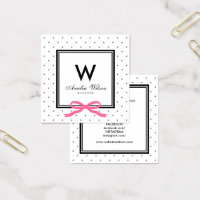 Social Media Polka Dot Pink Ribbon Monogram Square Business Card