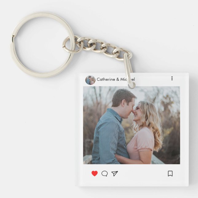 Social Media Post Style Photo and Name Couple  Keychain (Front)
