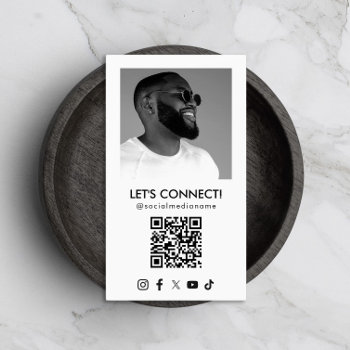 Social Media Qr Code Add Photo White Vertical Business Card by 1201am at Zazzle