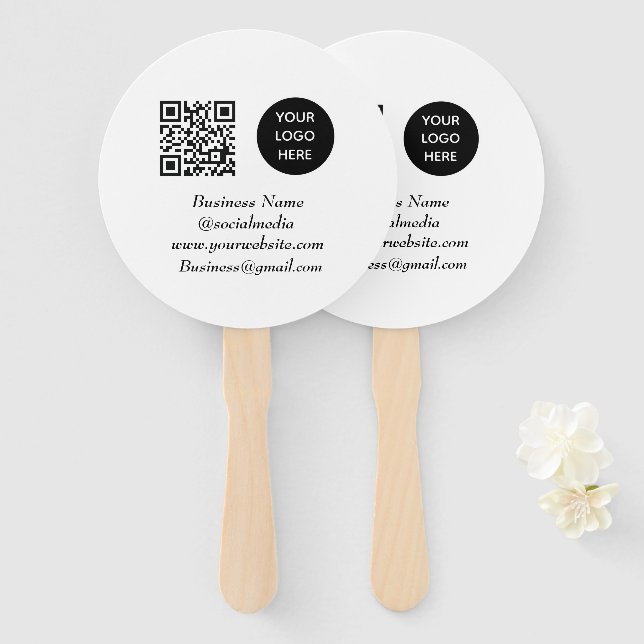 Social media QR Code Black Modern Business Logo Hand Fan (Front and Back)