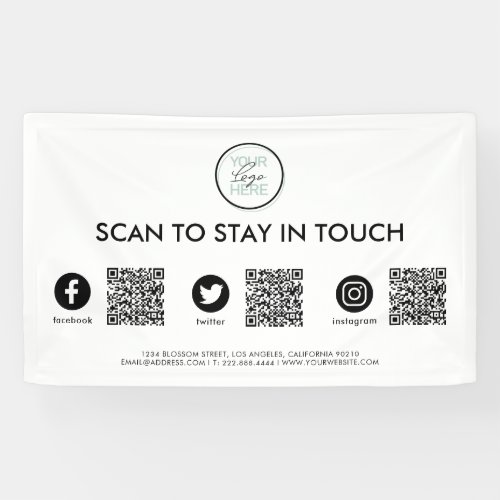 Social Media QR Code Business Banner - Social media business banner featuring your company logo, QR codes for customers to follow you on social media platforms, and contact details.