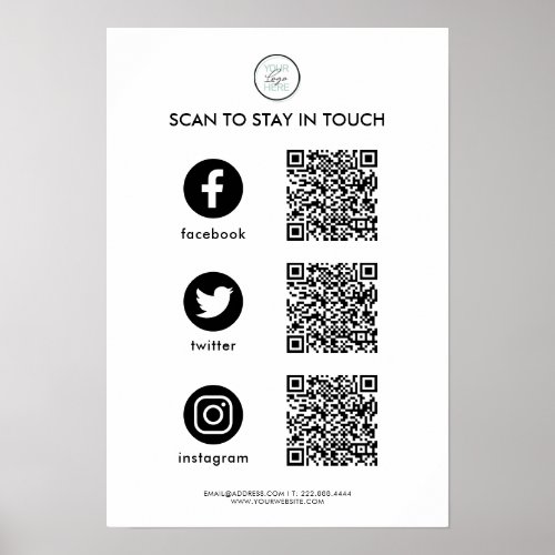 Social Media QR Code Business Poster - Social media business poster featuring your company logo, QR codes for customers to follow you on social media platforms, and contact details.