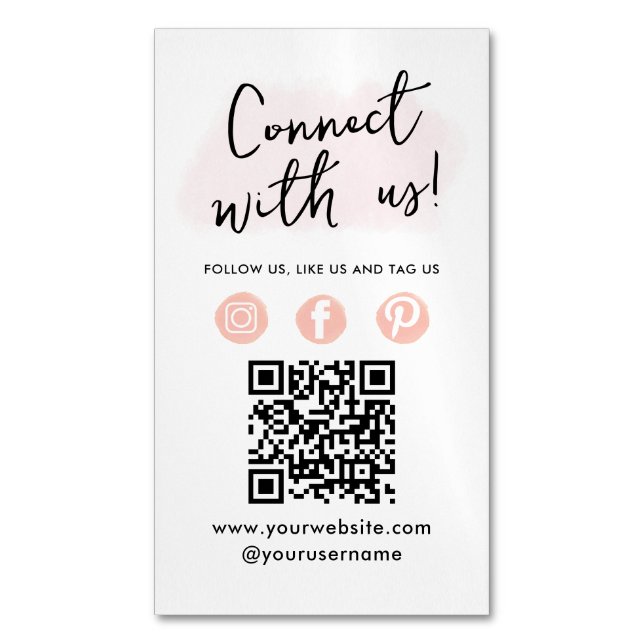 Social Media QR Code Connect With Us Modern Pink Business Card Magnet (Front Vertical)