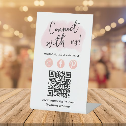 Social Media QR Code Connect With Us Modern Pink Pedestal Sign