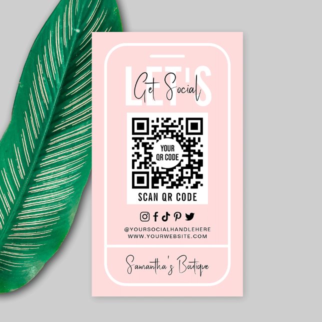 Social Media QR Code Feminine Pink Modern Business Business Card (Trendy blush pink social media QR code business cards with fully editable text and colors)