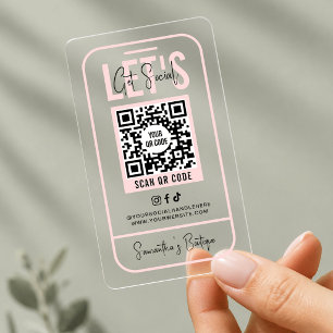Social Media QR Code Feminine Pink Modern Clear Business Cards