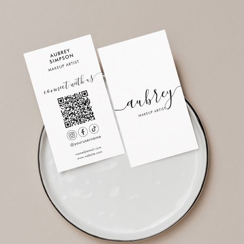 Social Media QR Code Girly Calligraphy White Business Card