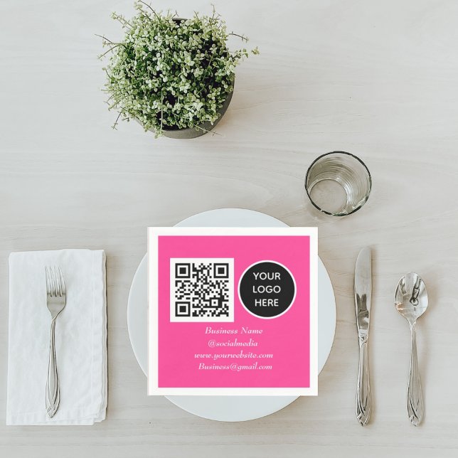 Social media QR Code Hot Pink Modern Business Logo Napkins (Creator Uploaded)