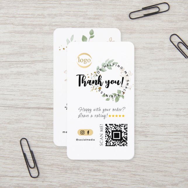 Social Media QR Code & Logo Thank You Eucalyptus Business Card (Front/Back In Situ)