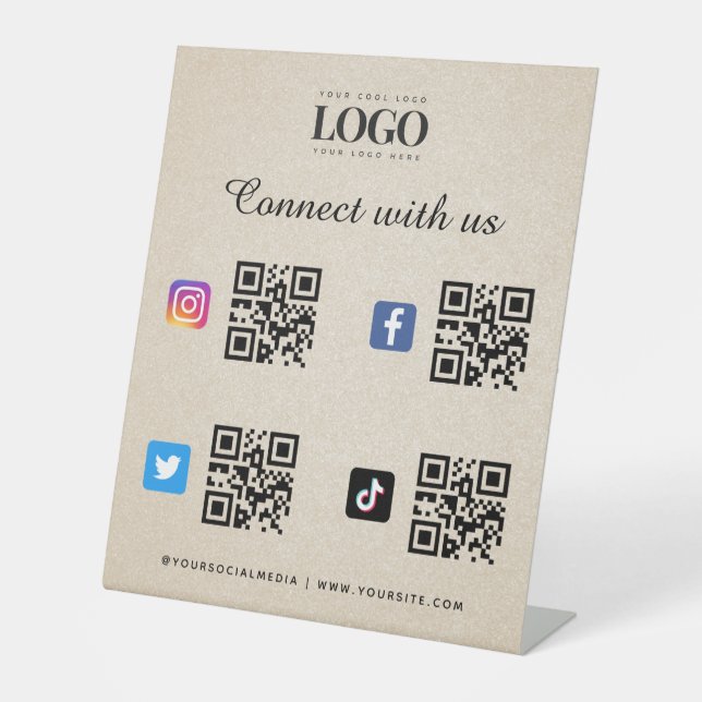Social Media Qr Code Logo Twitter Facebook Beige Pedestal Sign (Front)