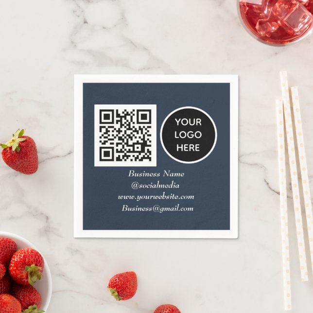 Social media QR Code navy Modern Business Logo Napkins (Insitu)