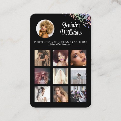 Social Media QR Code Photo Glitter Black Modern Business Card