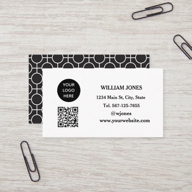 Social media QR Code Scannable Black Modern Business Card (Front/Back In Situ)