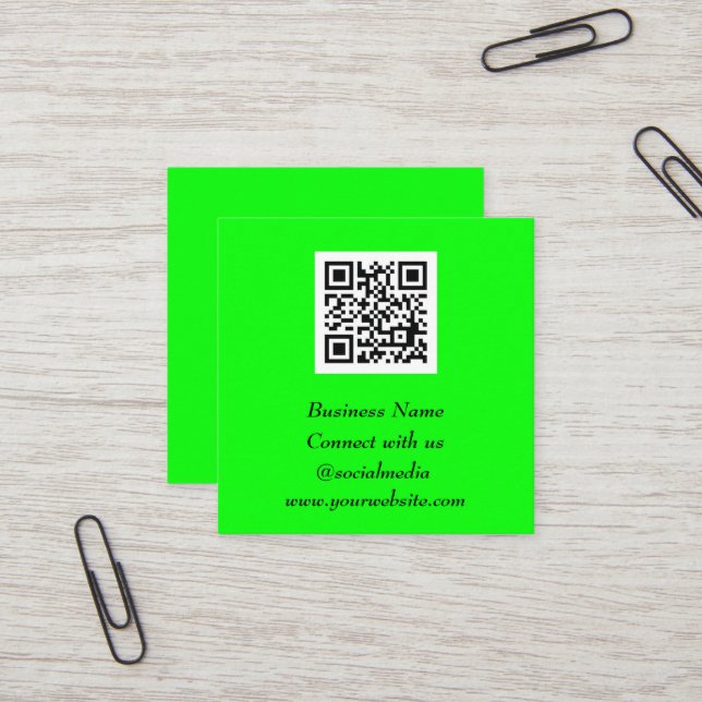 Social media QR Code Scannable Fluorescent Green Square Business Card (Front/Back In Situ)
