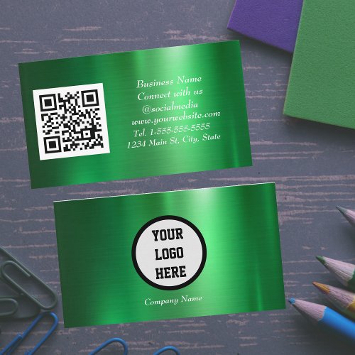 Social media QR Code Scannable Green Metallic  Business Card