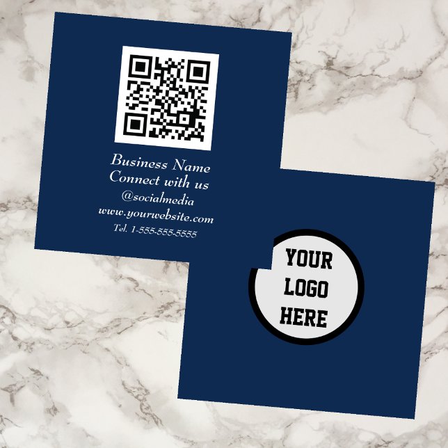 Social media QR Code Scannable Navy Blue Square Business Card (Creator Uploaded)