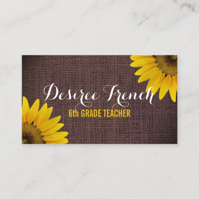 Social Media | Rustic Sunflowers Burlap Teacher Business Card (Front)