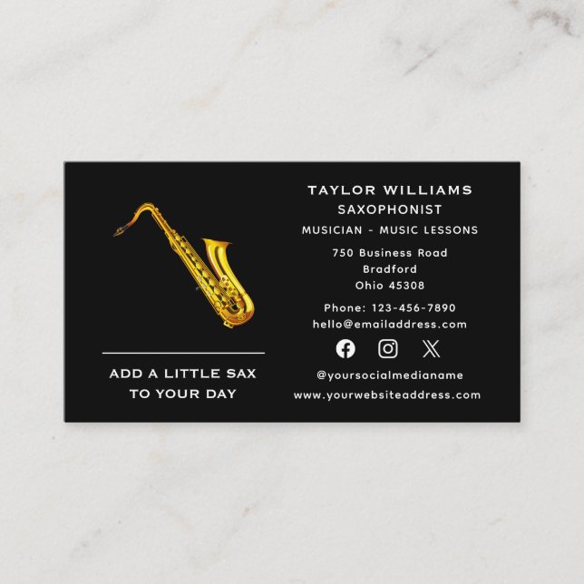 Social Media Saxophone Player Saxophonist Musician Business Card (Front)